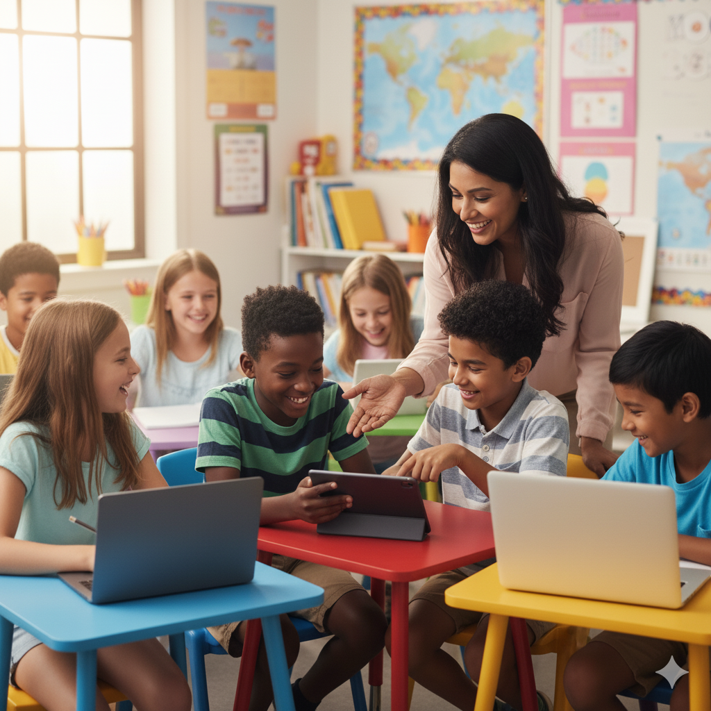 Diverse students and teachers using tablets in a bright, engaging classroom setting
